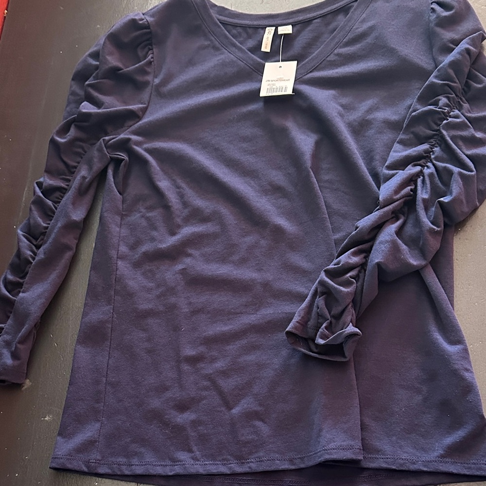 Cato Deep Navy Ruched-Sleeve V-Neck Long Sleeve Tee